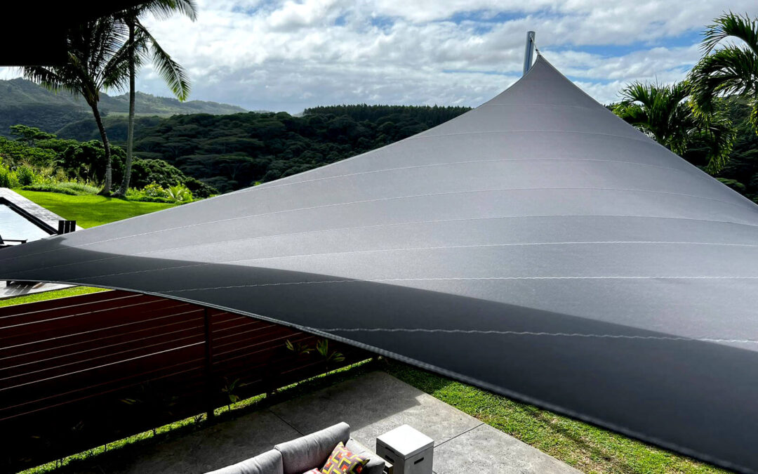 Semi-permanent removable shade sail structure for a lanai area of a modern house in Kapaʻa Hawaii